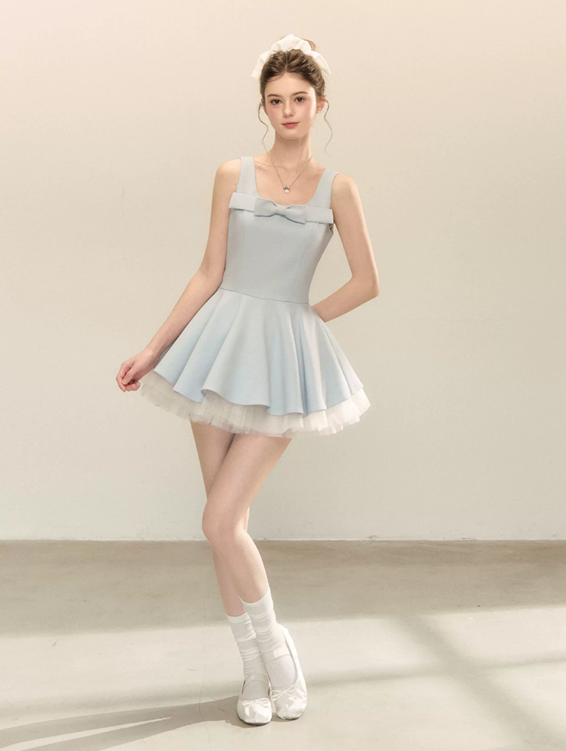 Coquette Bow Square Neck Flounce Dress with Sheer Tulle Layer R9216