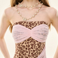 Y2K Coquette Leopard Print Strapless Mini Dress With Pink Mesh Overlay And Form-Fitting Silhouette R9298