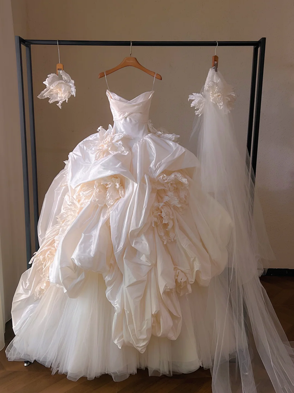 Champagne color suspender waist slim fit puffy skirt bridal dress R5697