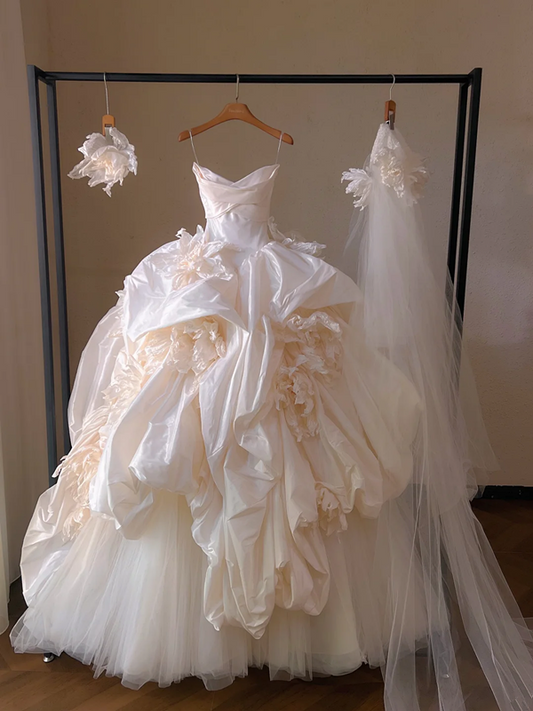 Champagne color suspender waist slim fit puffy skirt bridal dress R5697