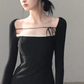 Black Square Neck Long Sleeve Mini Dress with Lace Trim and Tie Detail R9366