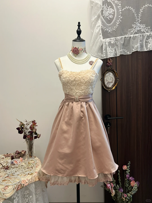 Pink suspender 3D flower waist slim satin skirt homecoming dress R4315