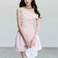 Pink Satin One Shoulder Mini Dress Women With Lace Trim And Rose Detail R9416