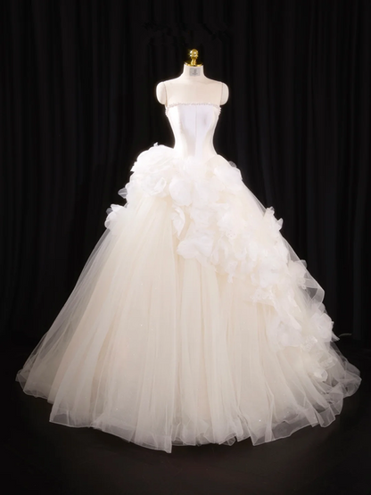 White strapless, fitted waist, full skirt, long ball gown, bridal dress R8916