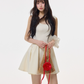 Cream White French Style Sleeveless Mini Dress, Square Neck High Waist Flare Skirt R9377