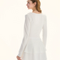 White Long Sleeve Tiered Mini Dress With Ruched Neckline And Bow Detail R9295