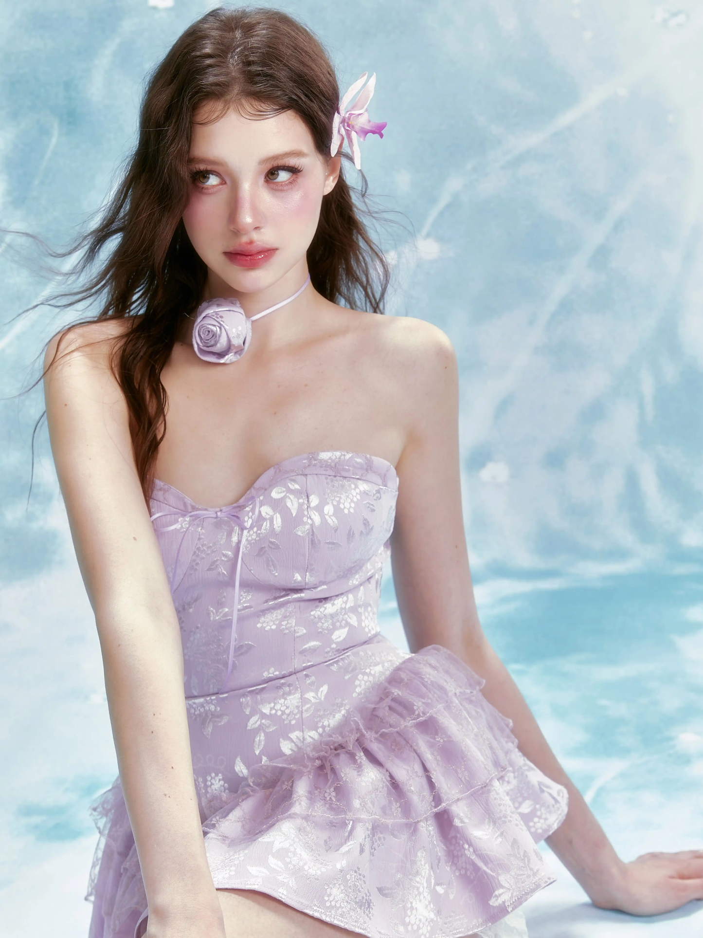 Light Purple Strapless Jacquard Dress with Tiered Tulle Skirt and Bow Detail R9230
