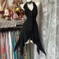 Black halter-neck, fitted waist, asymmetrical hem short ball gown R7876
