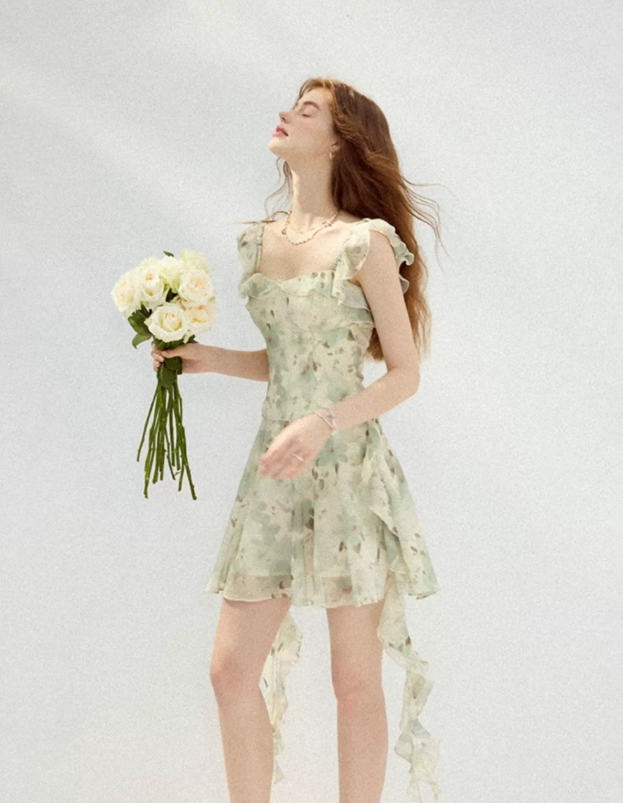 Light Green Floral Print Ruffle Mini Dress Women With Square Neck And Asymmetric Hem R9490