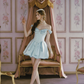 Princess Core Blue Satin Off-Shoulder Dress with Pearl Trim R9202