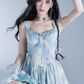 Blue Tie Dye Corset Style Cami Dress Women With Tiered Skirt And Lace Trim R9438