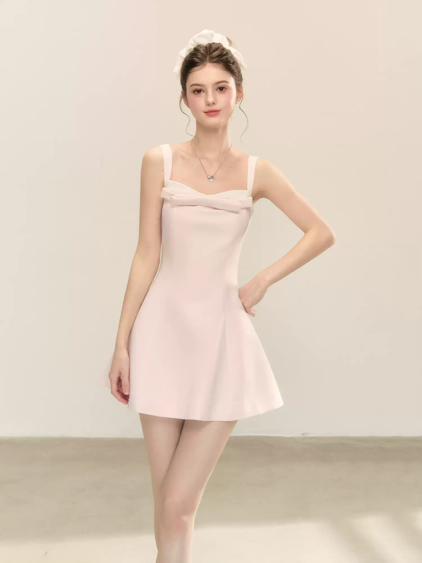 Pink Cami Dress with Front Bow, Square Neck and Back Zipper R9221