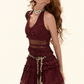 Boho Vintage Red Halter Dress High Waist Ruffle Trim A-Line Party Dress R9346