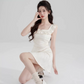 Cream White A-Line Dress, Women's Ruffle Neck Textured Sleeveless Mini Dress R9336