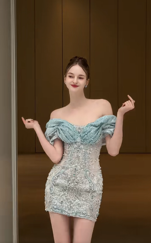 Green one-shoulder slim waist sexy hip skirt homecoming dress R4348