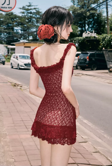 Burgundy Lace Off-Shoulder Mini Dress With Ruffle Trim And Bodycon Fit R9287