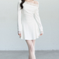 White Off The Shoulder Long Sleeve Mini Dress Women With Lace Trim And Button Detail R9422