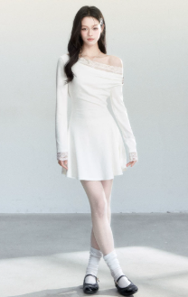 White Off The Shoulder Long Sleeve Mini Dress Women With Lace Trim And Button Detail R9422