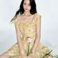Yellow Plaid Floral Print Dress Women With Lace Ruffle Trim And Square Neck R9420