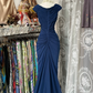 Blue fitted, pleated, bodycon long ball gown R6330