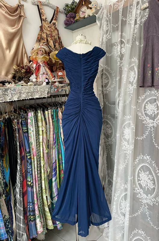 Blue fitted, pleated, bodycon long ball gown R6330