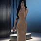 Champagne-colored halter-neck fitted slim-fit rhinestone bodycon sexy ball gown R8035