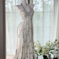 White halter-neck, fitted waist, long, elegant sequined ball gown R7644