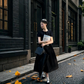 Black round neck fitted A-line long ball gown R8022