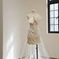 Off-white strapless fitted satin short ball gown, bridal dress R8552