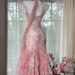 Pink floral print halter-neck fitted bodycon long ball gown R6530