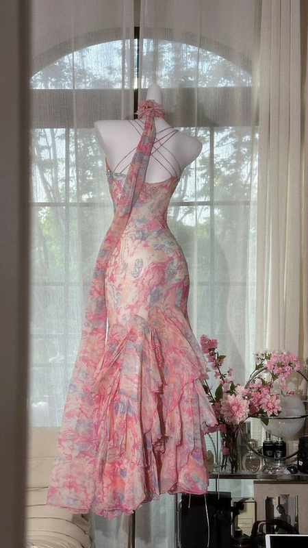 Pink floral print halter-neck fitted bodycon long ball gown R6530