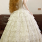 White Spaghetti-Strap Waist-Cinched Lace Puffy-Hem Ball Gown, Bridal Gown R7323