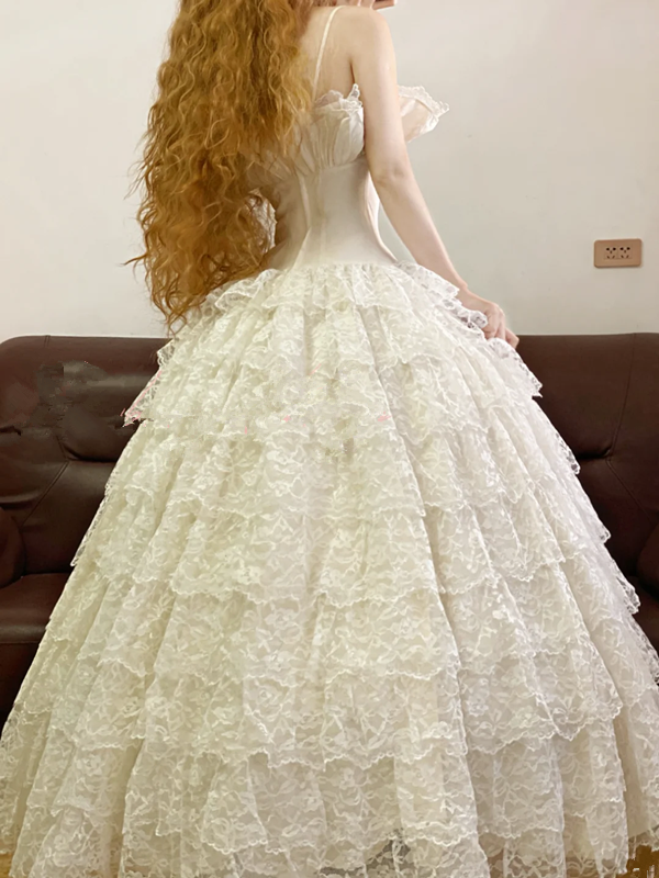 White Spaghetti-Strap Waist-Cinched Lace Puffy-Hem Ball Gown, Bridal Gown R7323