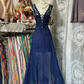 Blue sleeveless lace slim waist irregular skirt short ball gown R6211