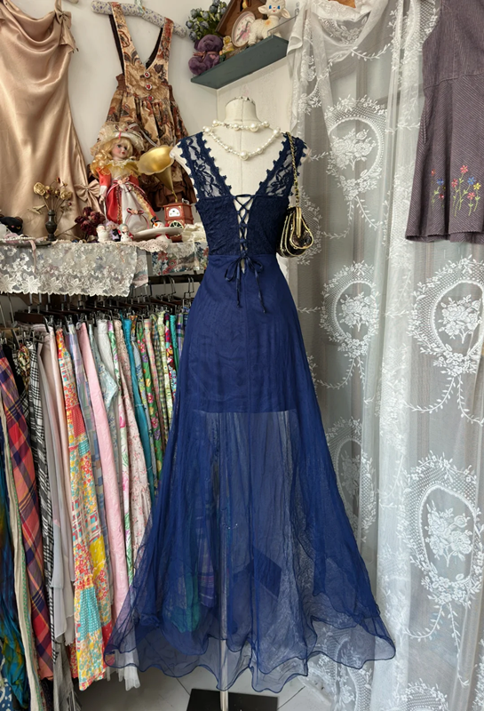 Blue sleeveless lace slim waist irregular skirt short ball gown R6211