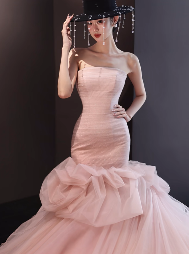 Light pink tube top waist slim hip fishtail sexy long dress ball gown, bridal gown R6031