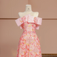 Pink floral print off-the-shoulder fitted A-line long ball gown/bridal dress R8395