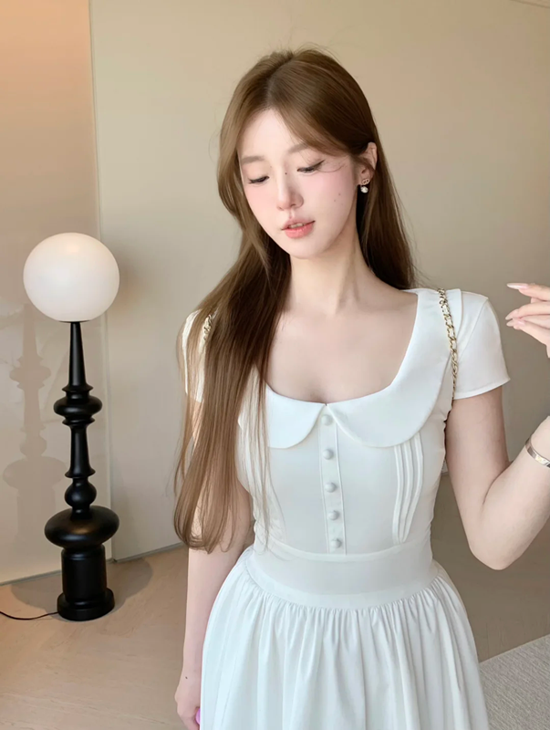 White baby doll collar slim waist A-line cute short skirt R5033