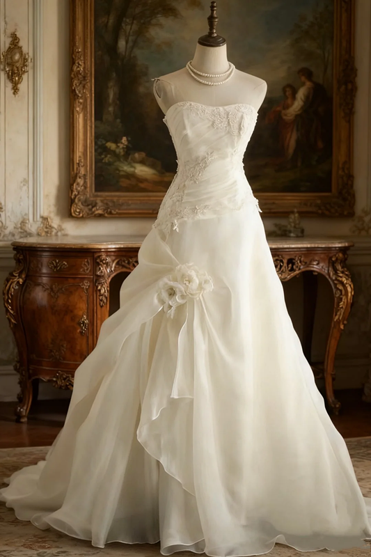 White strapless, fitted A-line long ball gown/bridal dress R6730