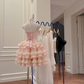 Pink suspender waist puff cake skirt homecoming dress R5039