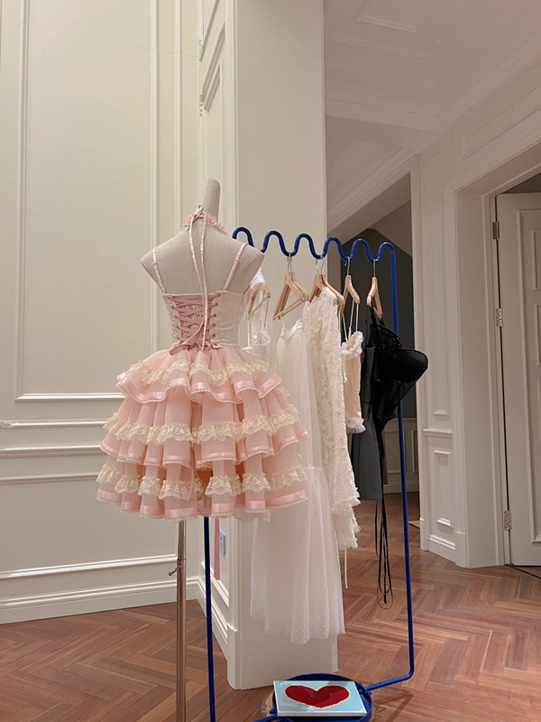 Pink suspender waist puff cake skirt homecoming dress R5039