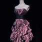 Dark pink tube top waist layered pleated skirt short skirt homecoming dress R4999