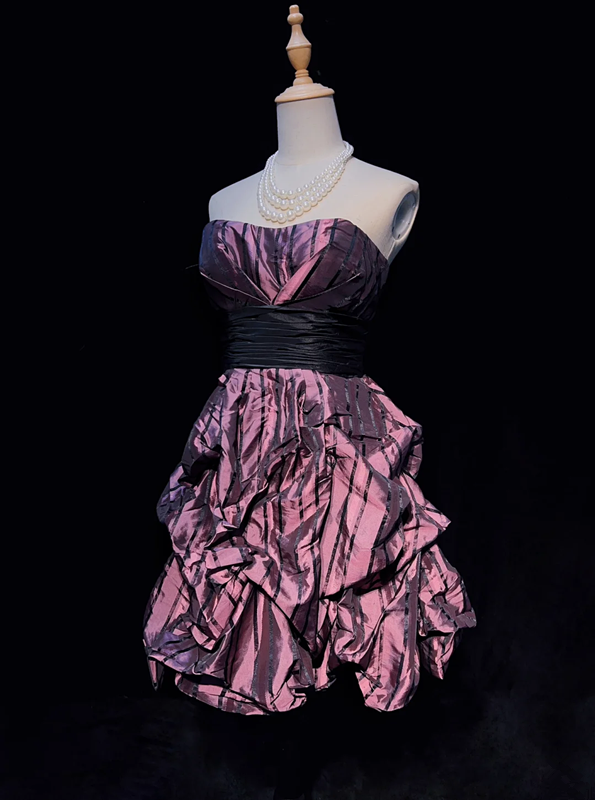 Dark pink tube top waist layered pleated skirt short skirt homecoming dress R4999