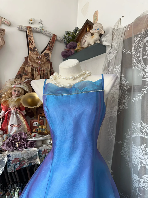 Blue satin fitted waist A-line maxi ball gown R6131