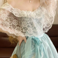 Light Blue Off-the-Shoulder Lace-Trimmed Waist-Cinched Bud Skirt Ball Gown, Bridal Gown R7341