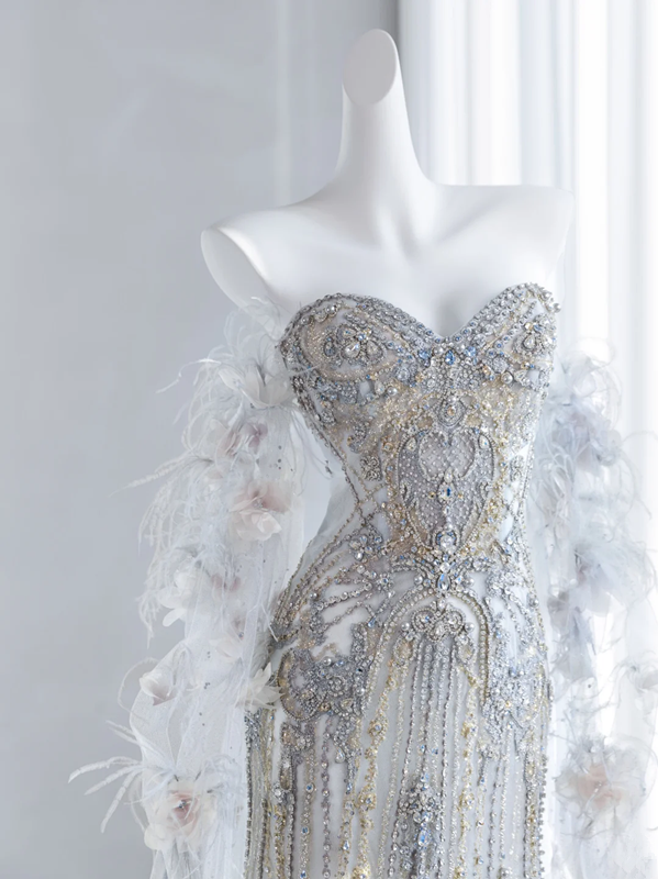 Champagne-colored, rhinestone-embellished, strapless, fitted, long ball gown/bridal dress R8856