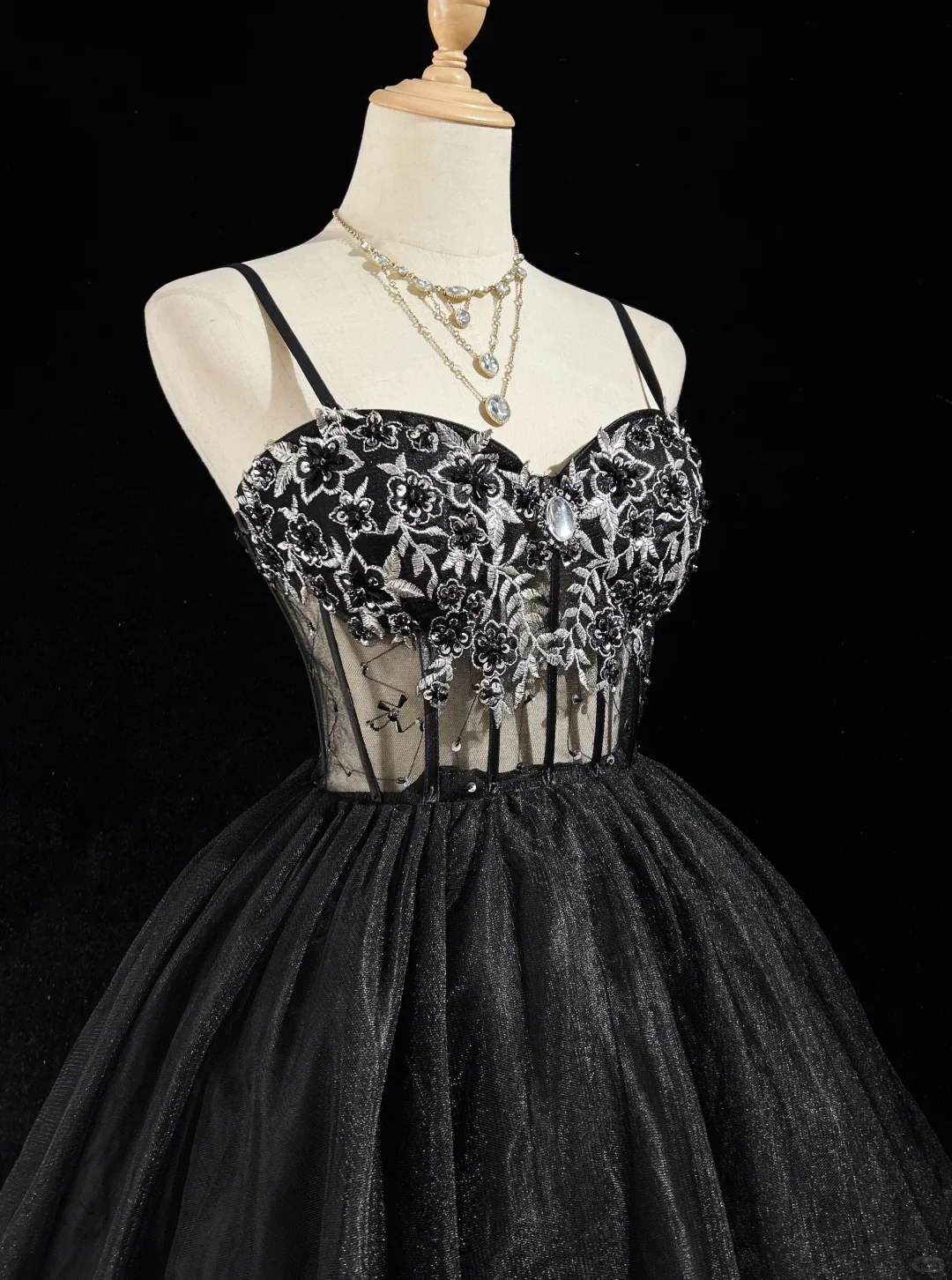 Black suspender lace embroidery waist puffy princess dress homecoming dress R4917