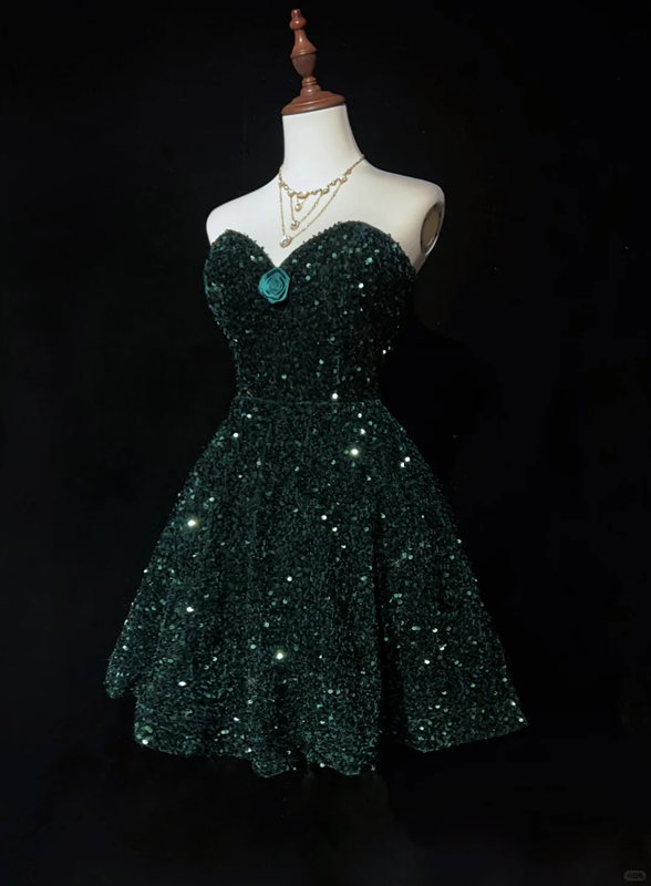 Green Strapless Sequined Waist Slim A-Line Short Skirt Homecoming Dress R4958