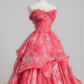 Pink floral strapless cinched waist ball gown with a full skirt R8230