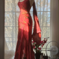 Red halter-neck fitted bodycon long ball gown R7685